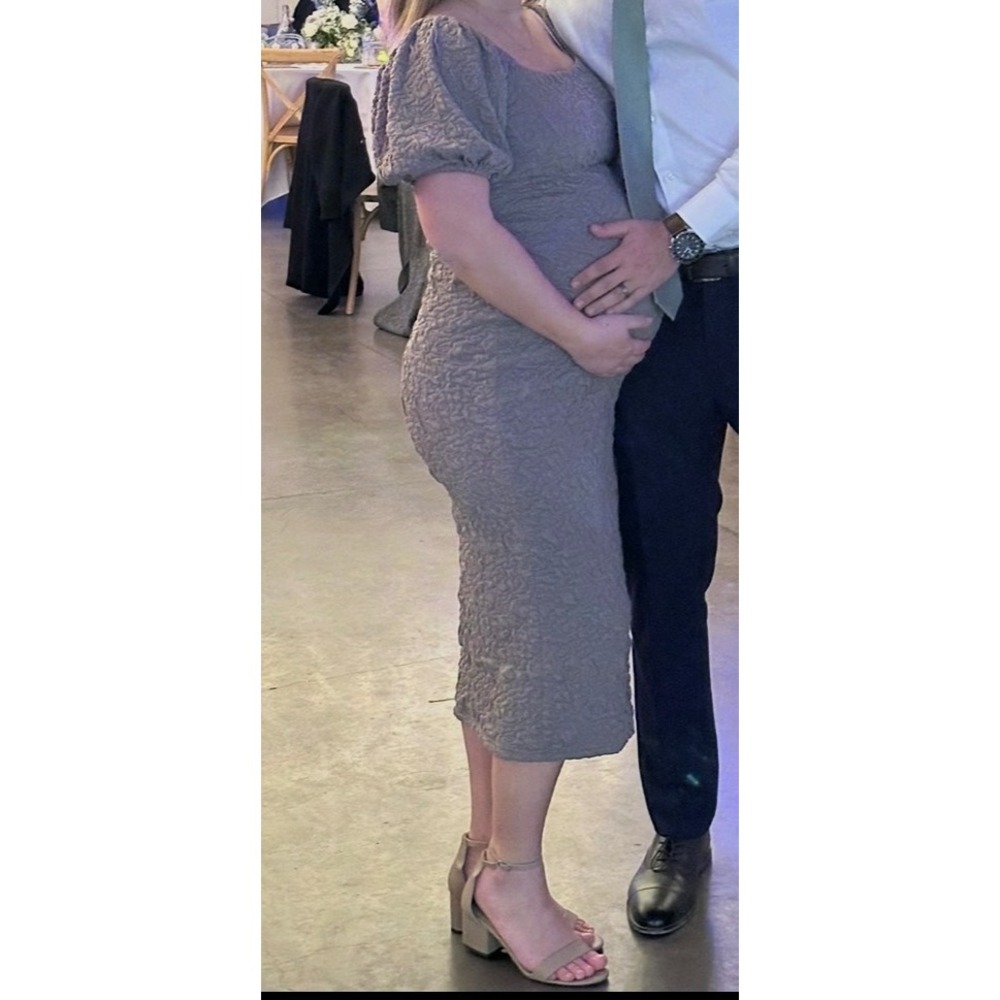 Maternity Endless Blu Brown Textured Popcorn Puff Sleeve  Midi Dress Medium